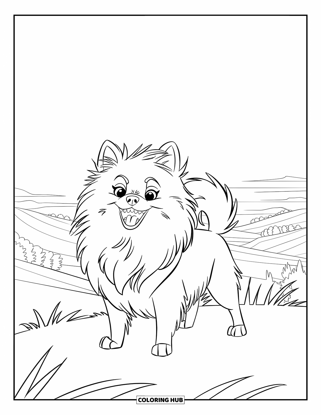 Pomeranian Coloring Page for Kids: Windblown Pomeranian stands on a hill, mouth open in excitement
