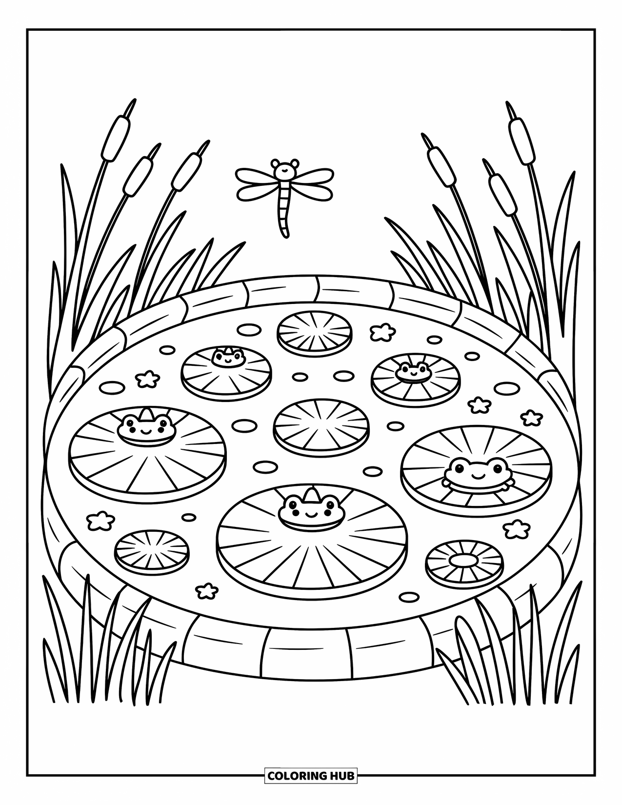 Pond Coloring Page for Adults: A calm pond with lily pads, cattails, frogs lounging, and a single dragonfly hovering