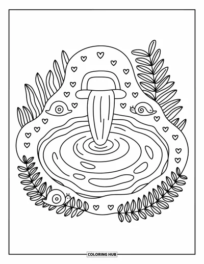 Coloriage d'étang pour adultes : Un étang avec des marches en pierre et un pont en bois, rempli de fleurs de lotus et de koï