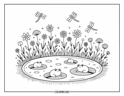 Coloriage d'étang pour adultes : Un étang rond avec des grenouilles sur des nénuphars, des fleurs sauvages penchées et des libellules au-dessus