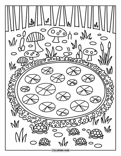 Coloriage d'étang pour adultes : Un petit étang sous une cascade, avec des ondulations tourbillonnantes, de la mousse, des fougères et de petits escargots endormis