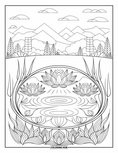Coloriage d'étang pour adultes : Une mandala botanique entoure un étang rond, avec des montagnes, des lotus, des roseaux et un ciel doux
