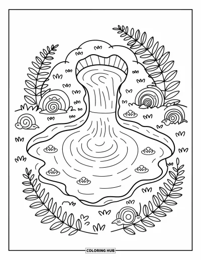 Coloriage d'étang pour adultes : Un pont au-dessus d'un étang avec des koï qui nagent, des fleurs flottantes et des insectes posés sur des rochers