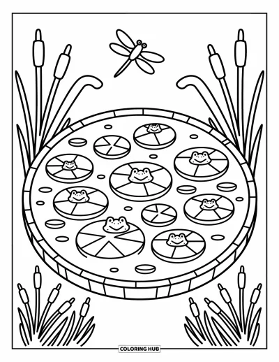 Coloriage d'étang pour adultes : Un étang circulaire avec des grenouilles sur des nénuphars, de douces fleurs, des massettes et une libellule sereine