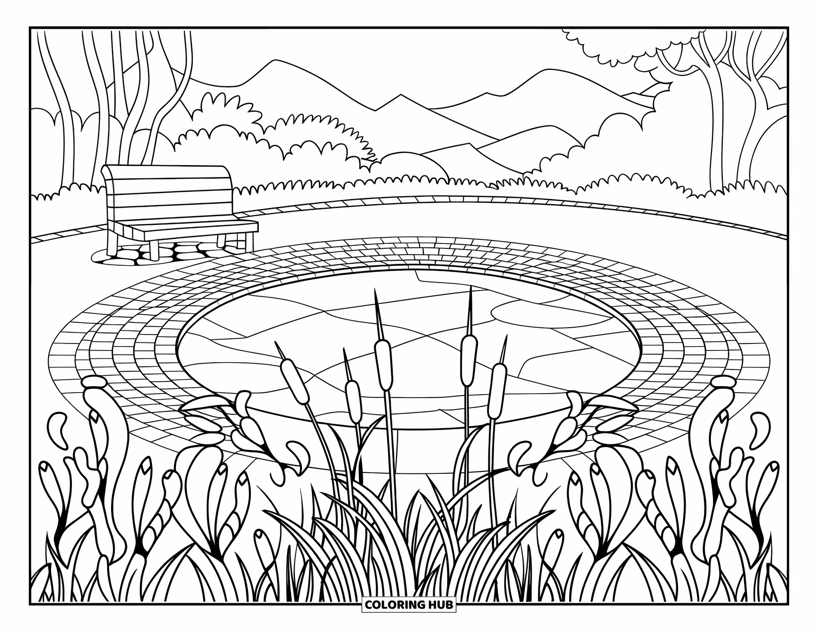 Pond Coloring Page for Adults: Detailed pond framed by stained glass cattails, with cobblestone path, bench, and mountain view