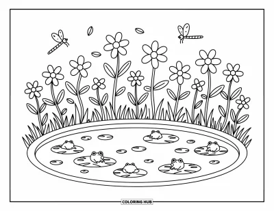Coloriage d'étang pour adultes : Des ponts flottants relient des îles boisées tandis que des tortues émergent du rivage paisible