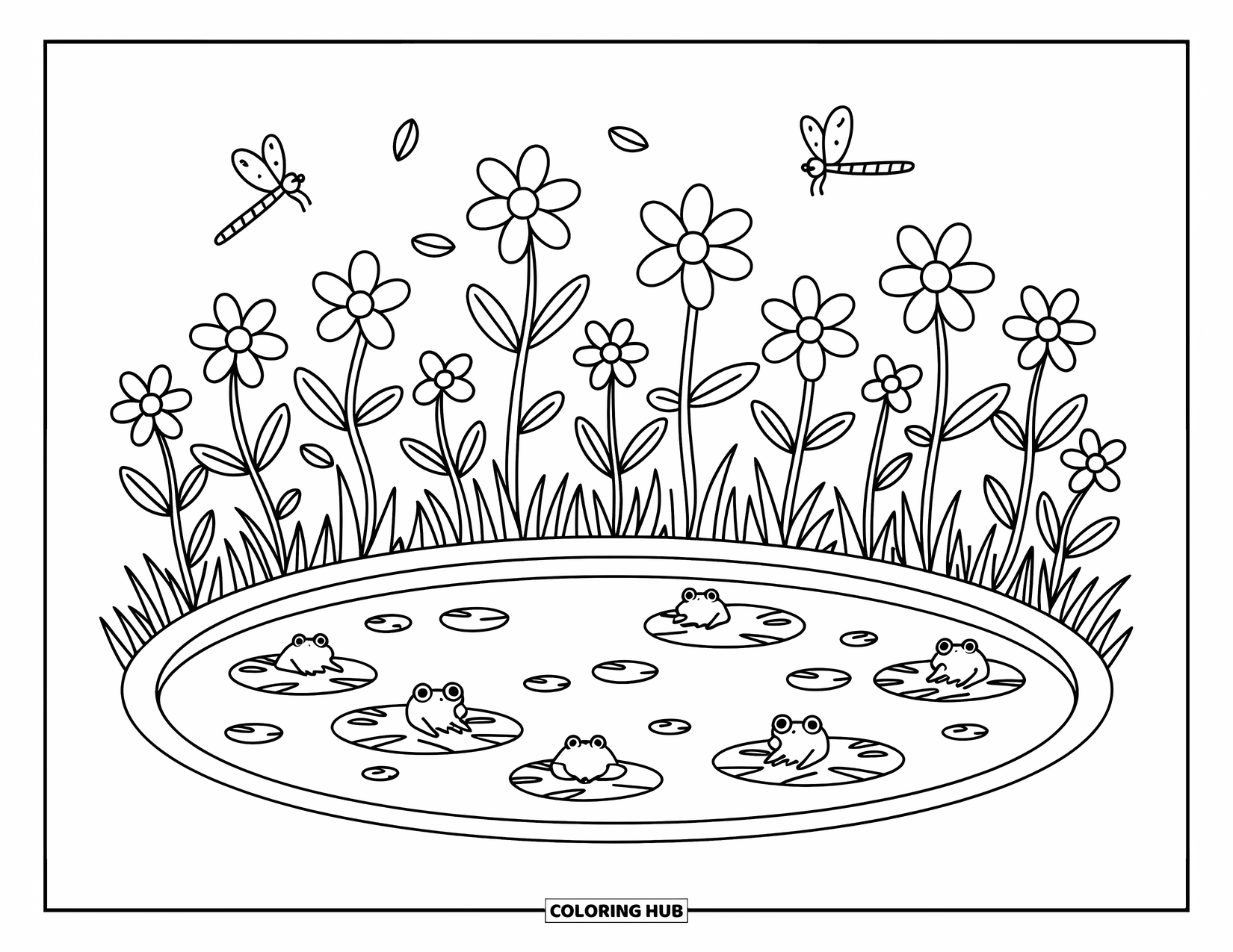 Pond Coloring Page for Adults: Floating bridges connect pond islands with trees, while turtles peek from the gentle shoreline