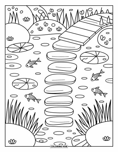 Coloriage d'étang pour adultes : Des grenouilles se détendent sur des nénuphars dans un étang calme entouré de massettes et de fleurs