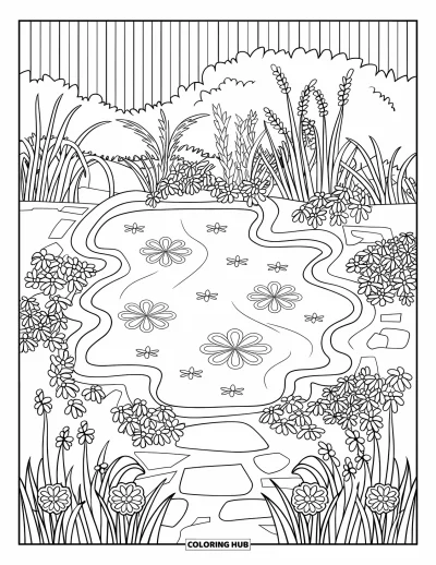 Coloriage d'étang pour adultes : Un étang de jardin avec des fleurs, des herbes et des arbres, plus un sentier de pierres et une clôture en bois