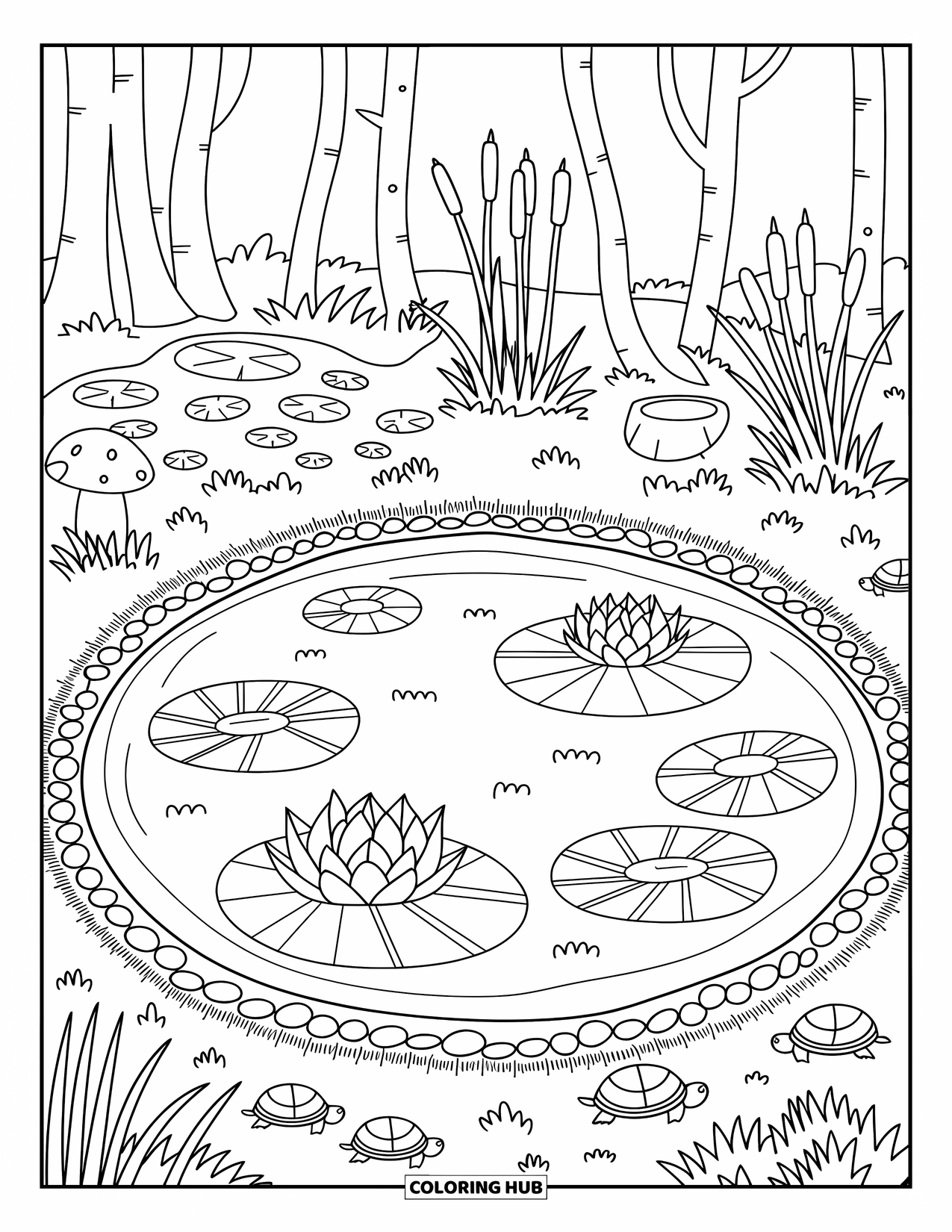 Pond Coloring Page for Adults: Gentle waterfall trickles into a peaceful pond with moss, ferns, and sleepy little snails