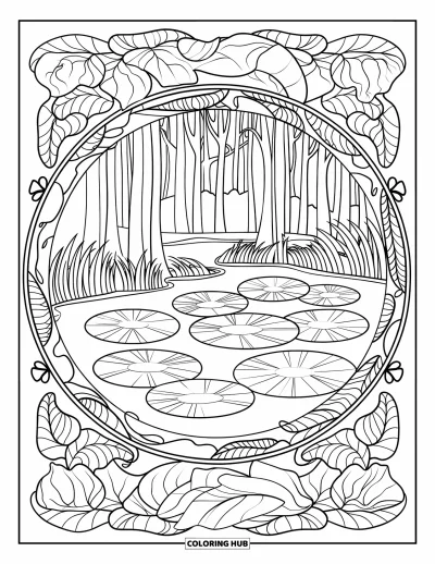 Coloriage d'étang pour adultes : Un étang aux nénuphars avec une bordure de lianes, niché dans une forêt tranquille aux grands arbres