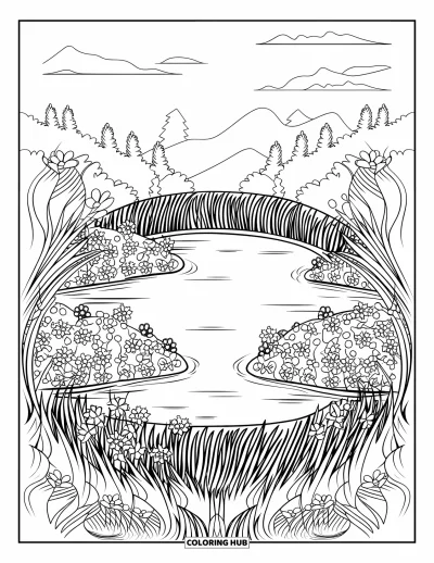 Coloriage d'étang pour adultes : Un étang paisible dans une mandala herbeuse, entouré de fleurs, d'arbres et d'un ciel nuageux tout doux