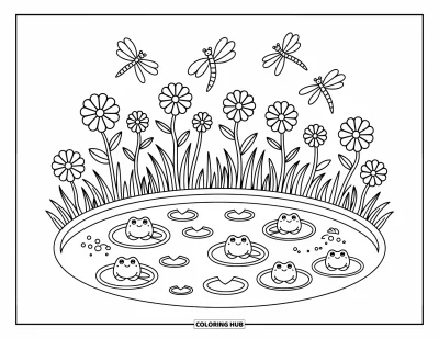 Coloriage d'étang pour adultes : Un étang paisible avec des ponts sur des îles, des arbres accueillants, des nénuphars et de petites tortues curieuses