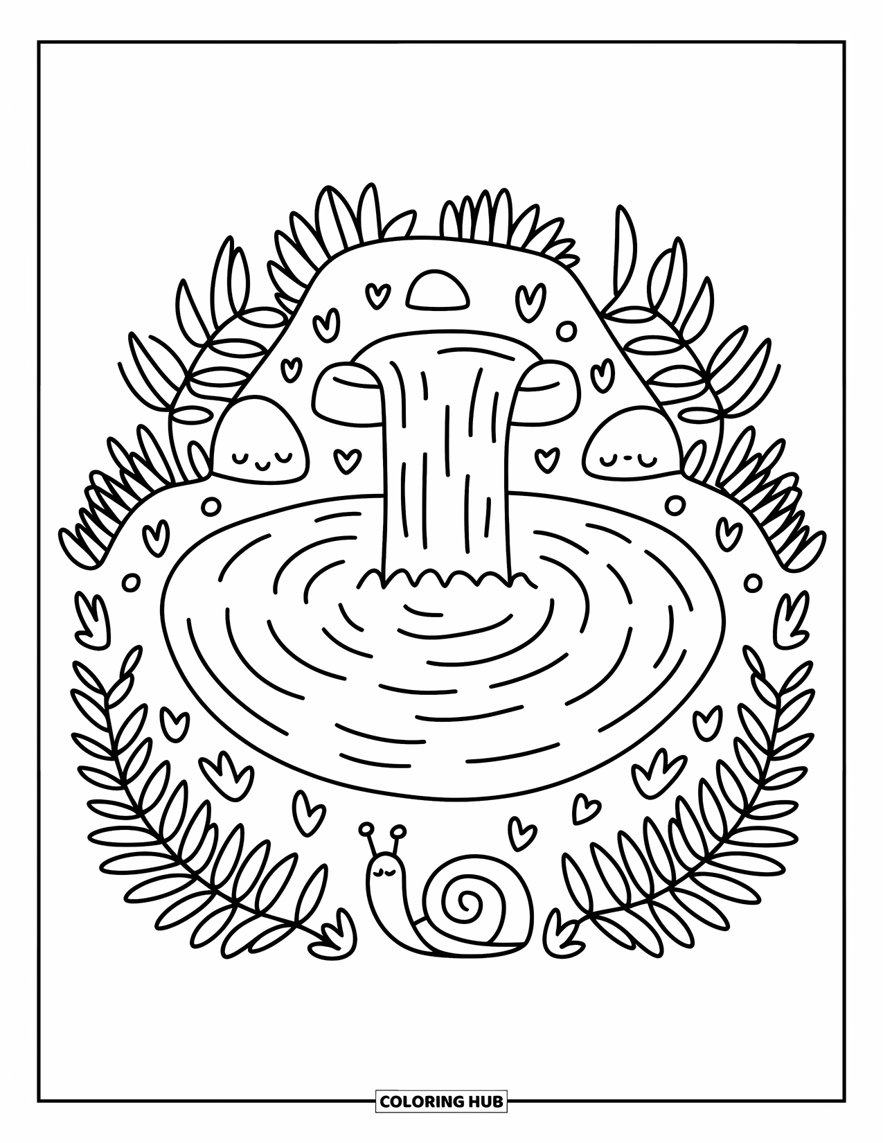 Pond Coloring Page for Adults: Pond with a wooden bridge, koi swimming in circles, and soft grassy edges