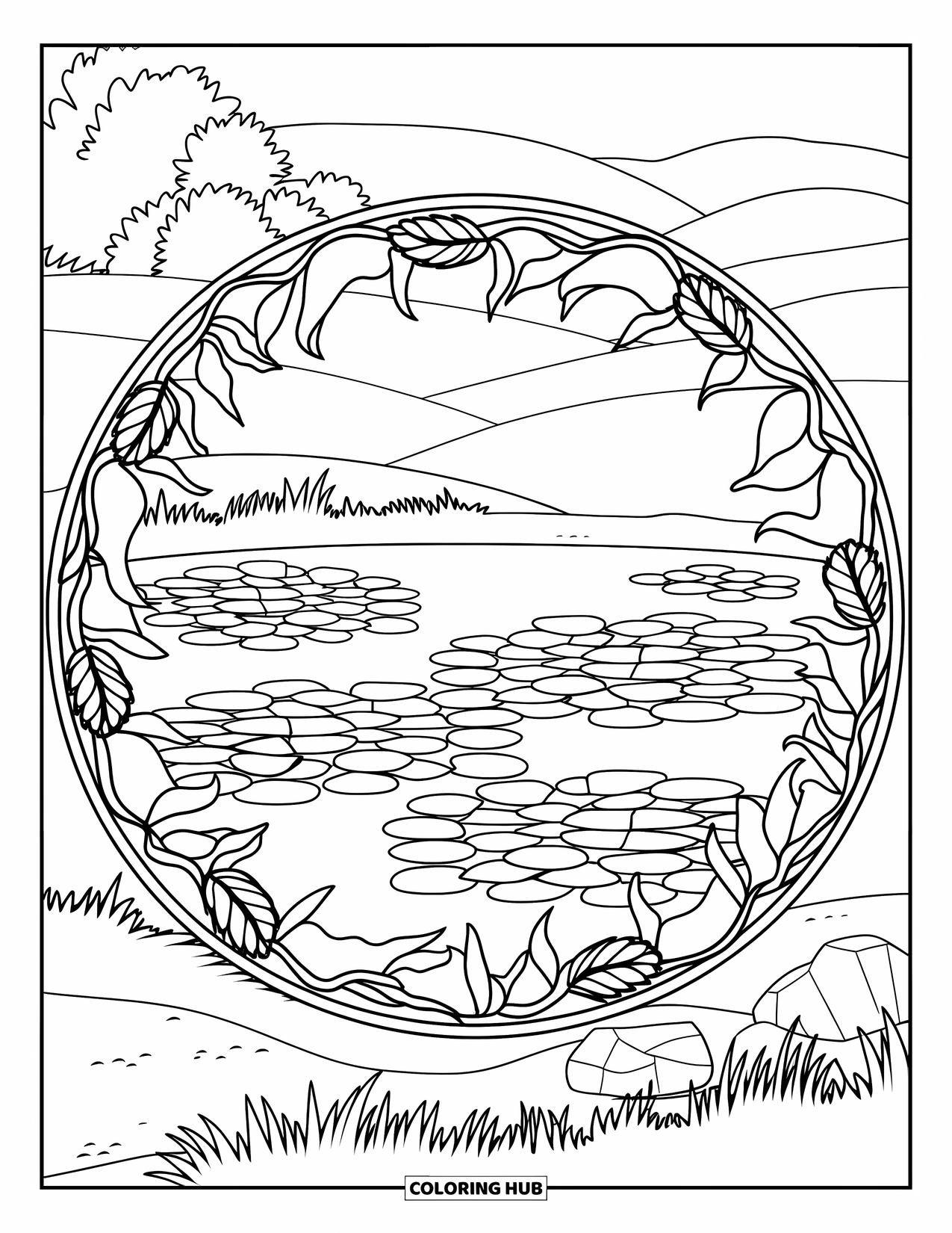 Pond Coloring Page for Adults: Pond with lily pads and rocks, framed by vines, hills, and a few trees