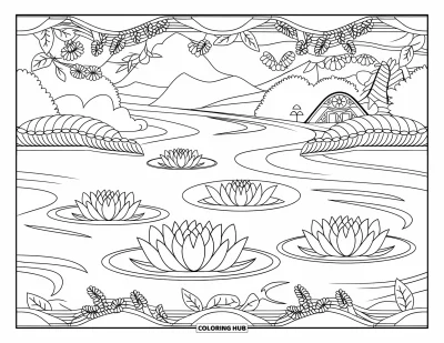 Coloriage d'étang pour adultes : Un étang avec des fleurs de lotus et des bordures de lianes, dans un paysage de montagne serein