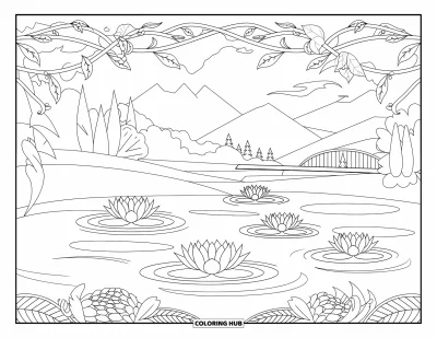Coloriage d'étang pour adultes : Un étang avec des fleurs de lotus, encadré de lianes, avec des montagnes, des arbres et un pont en arrière-plan