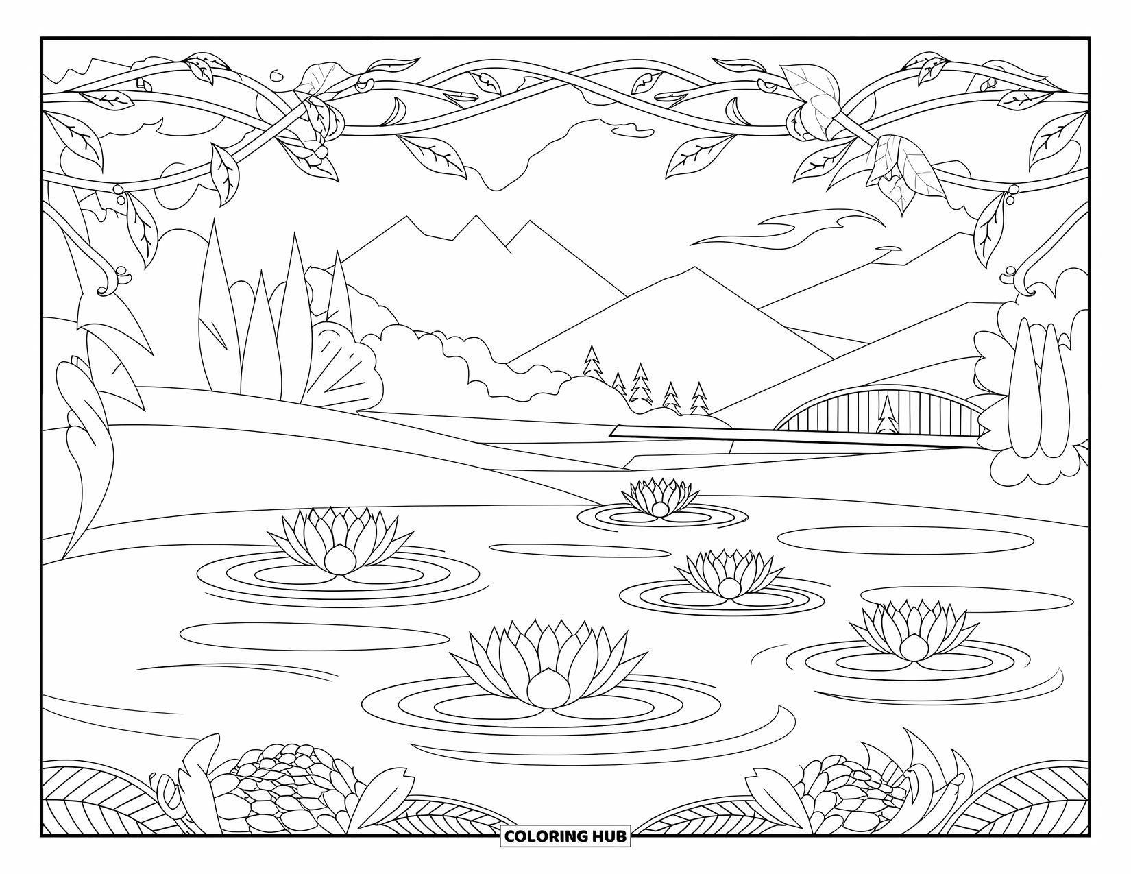 Pond Coloring Page for Adults: Pond with lotus flowers, framed by vines, with mountains, trees, and a bridge behind