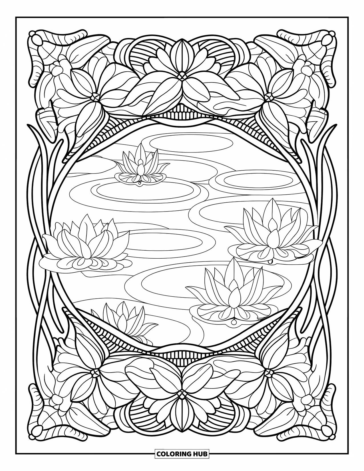 Pond Coloring Page for Adults: Pond with rippling layers, surrounded by a botanical mandala filled with detailed patterns