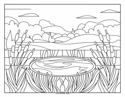 Coloriage d'étang pour adultes : Un étang rond encadré de massettes style vitrail, avec des montagnes, des arbres et un ciel calme