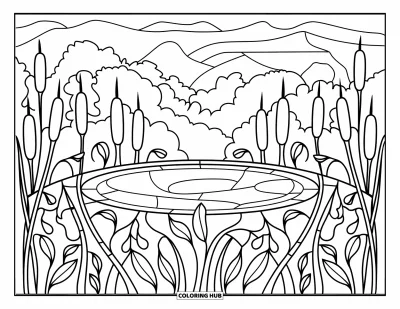 Coloriage d'étang pour adultes : Un étang rond aux massettes style vitrail, entouré d'arbres et de paysages de montagne