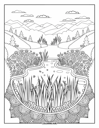 Coloriage d'étang pour adultes : Un étang serein entouré d'herbes aquatiques, de berges fleuries et d'un paysage de montagne