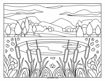 Coloriage d'étang pour adultes : Un étang lisse aux massettes et pétales style vitrail, sur fond d'arbres et de collines lointaines