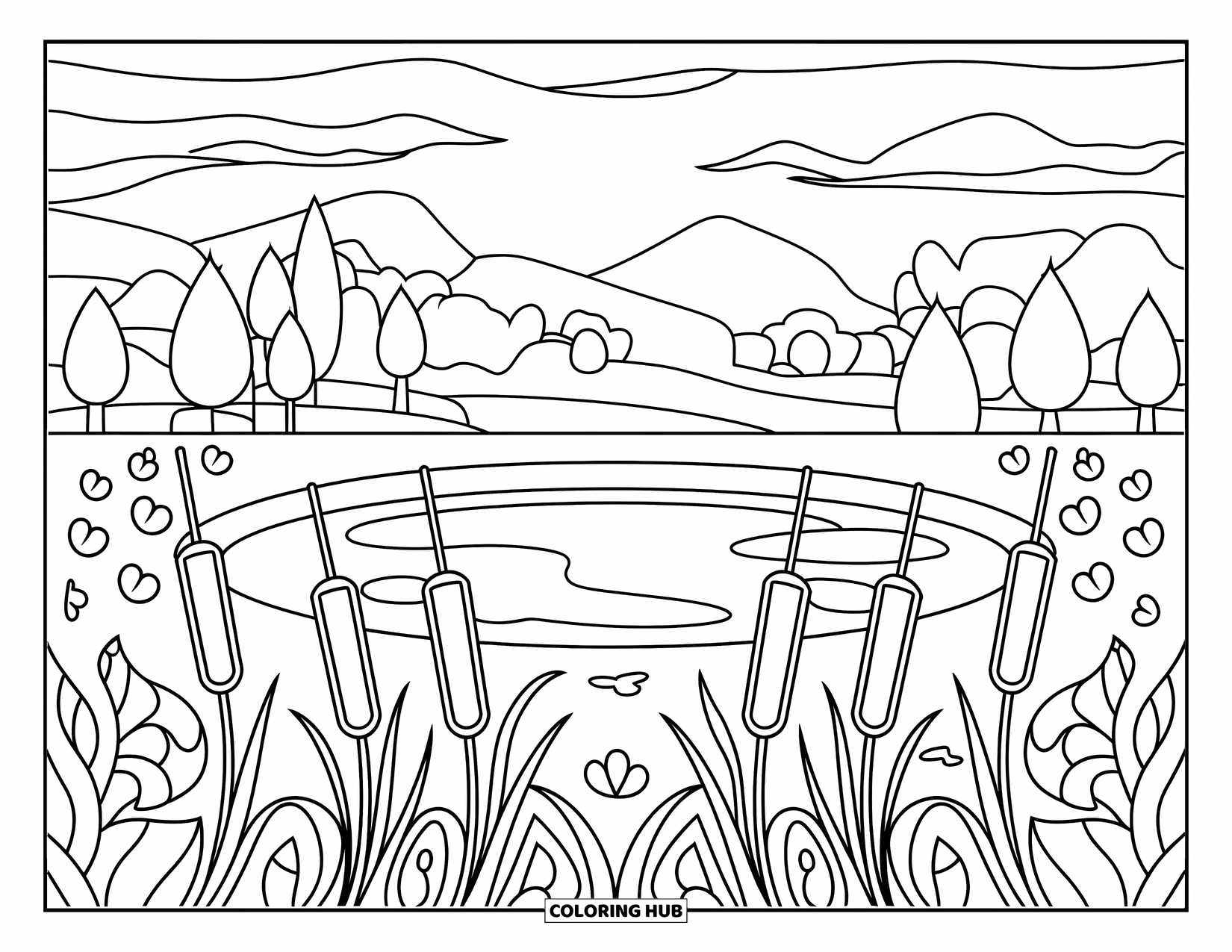 Pond Coloring Page for Adults: Smooth pond with stained glass cattails and petals, set against trees and distant hills