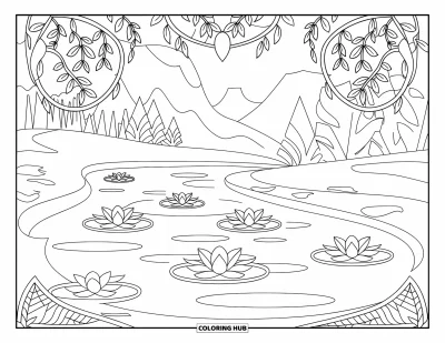 Coloriage d'étang pour adultes : Un étang aux douces ondulations avec des fleurs de lotus, encadré de lianes et d'un paisible sentier de montagne