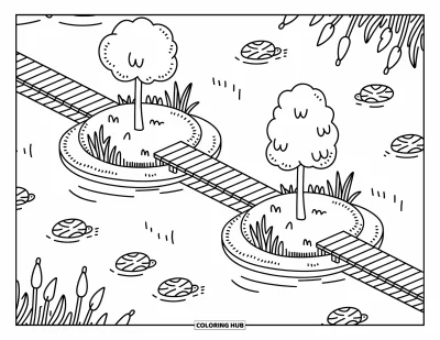 Coloriage d'étang pour adultes : De petites tortues se dorent au soleil au bord d'un étang forestier entouré de champignons, de massettes et de doux nénuphars