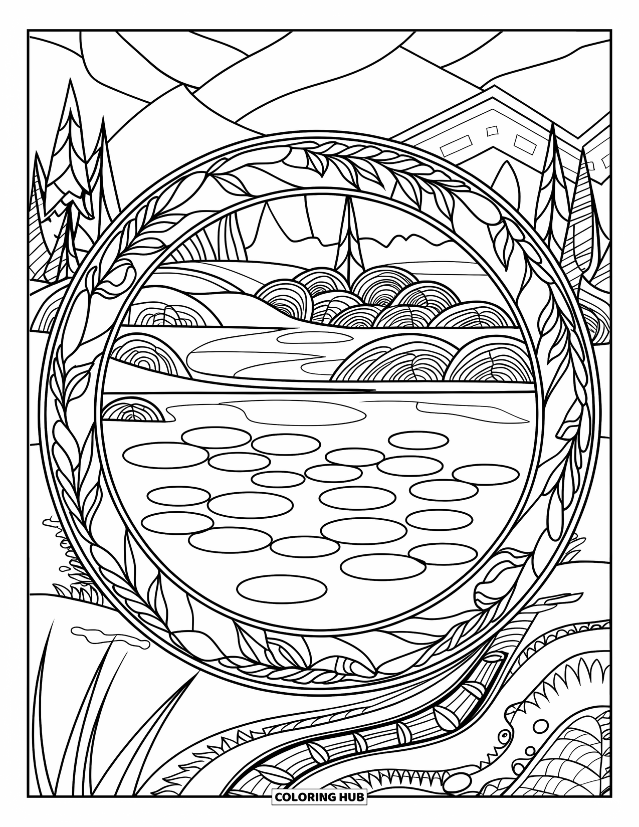 Pond Coloring Page for Adults: Tranquil pond with lily pads and vine border, near mountains and a winding path