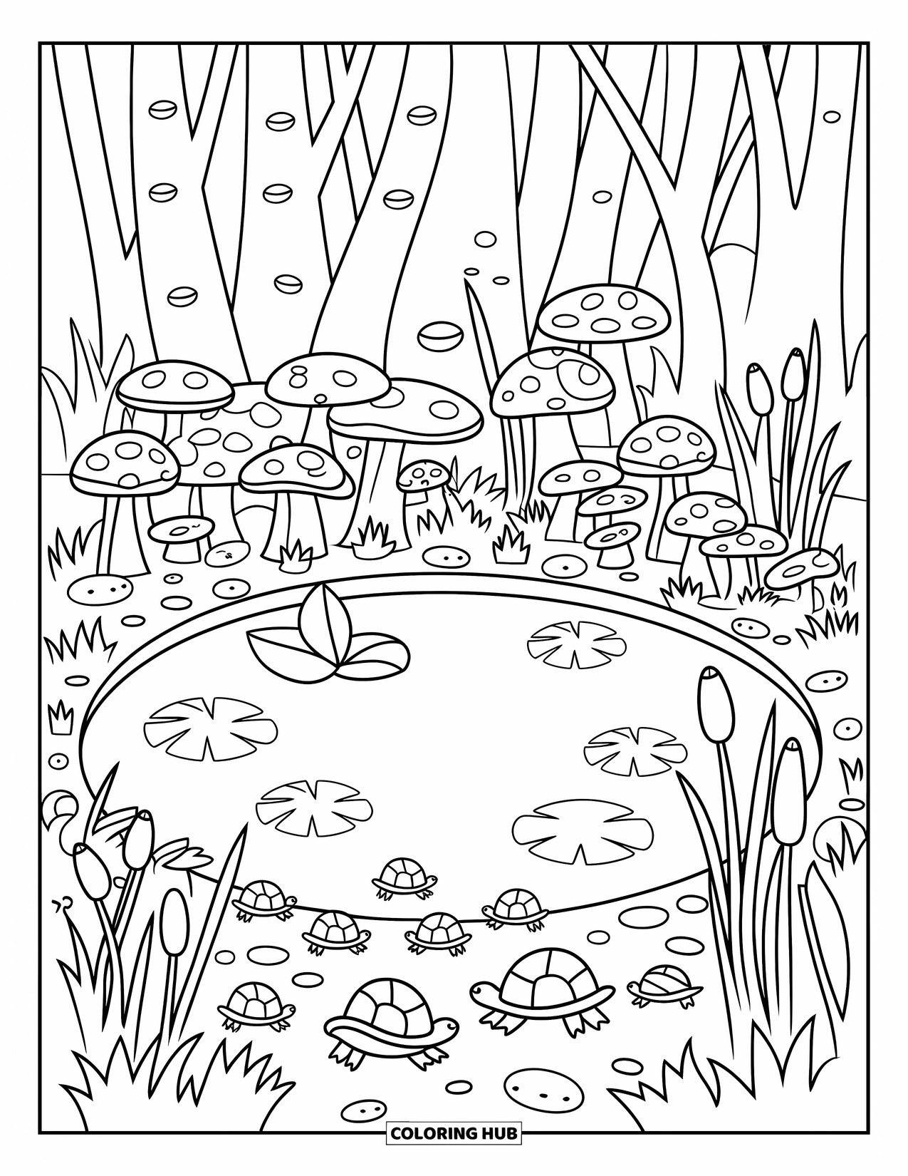 Pond Coloring Page for Adults: Waterfall gently flows into a pond with moss, ferns, and snails snoozing nearby