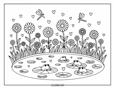 Coloriage d'étang pour adultes : Un grand étang avec de petites îles boisées, des ponts flottants, des nénuphars et des tortues qui pointent la tête