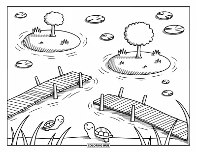 Coloriage d'étang pour adultes : Un étang forestier entouré de massettes et de champignons, avec des tortues allongées sur le bord caillouteux
