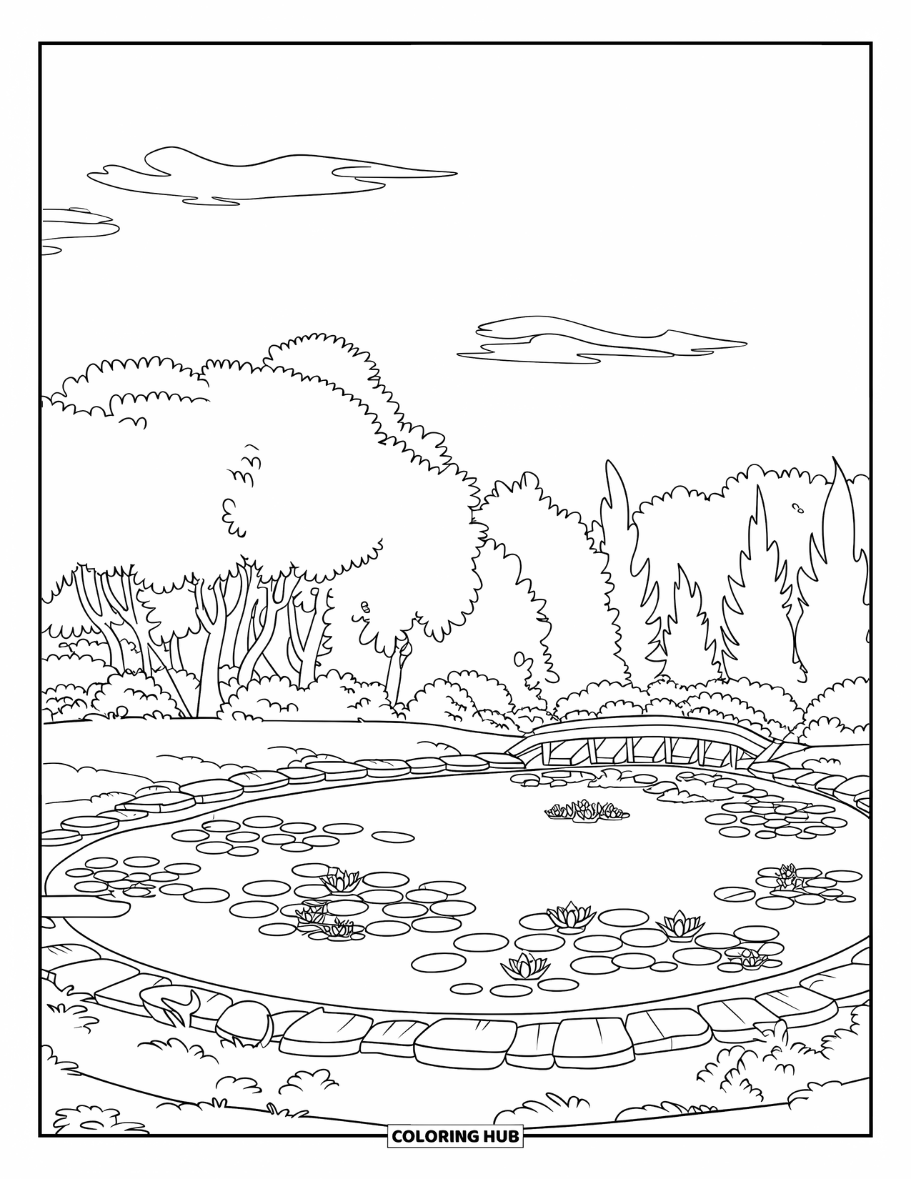 Pond Coloring Page for Kids: A bridge arches over a pond with lily pads in a tall, peaceful forest