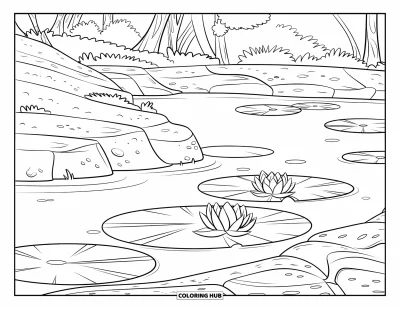 Coloriage d'étang pour enfants : Un étang calme s'étire doucement avec de grands nénuphars et des pierres douces le long du rivage
