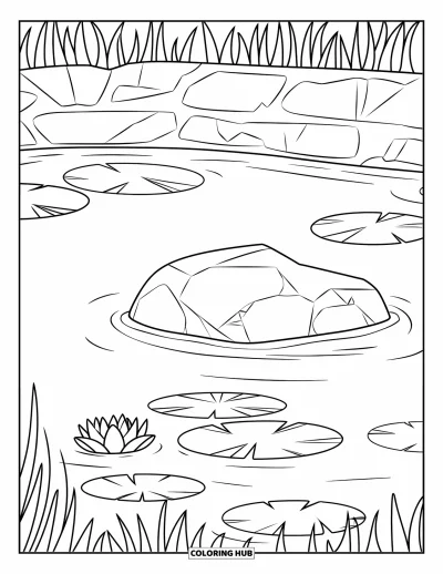 Coloriage d'étang pour enfants : Un étang calme abrite un grand rocher et un nénuphar avec beaucoup d'espace à colorier tout autour