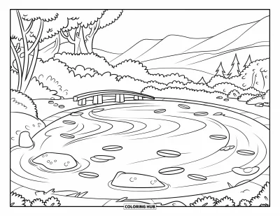 Coloriage d'étang pour enfants : Un étang chaleureux aux vagues douces s'étend sous un pont en bois avec des montagnes en toile de fond