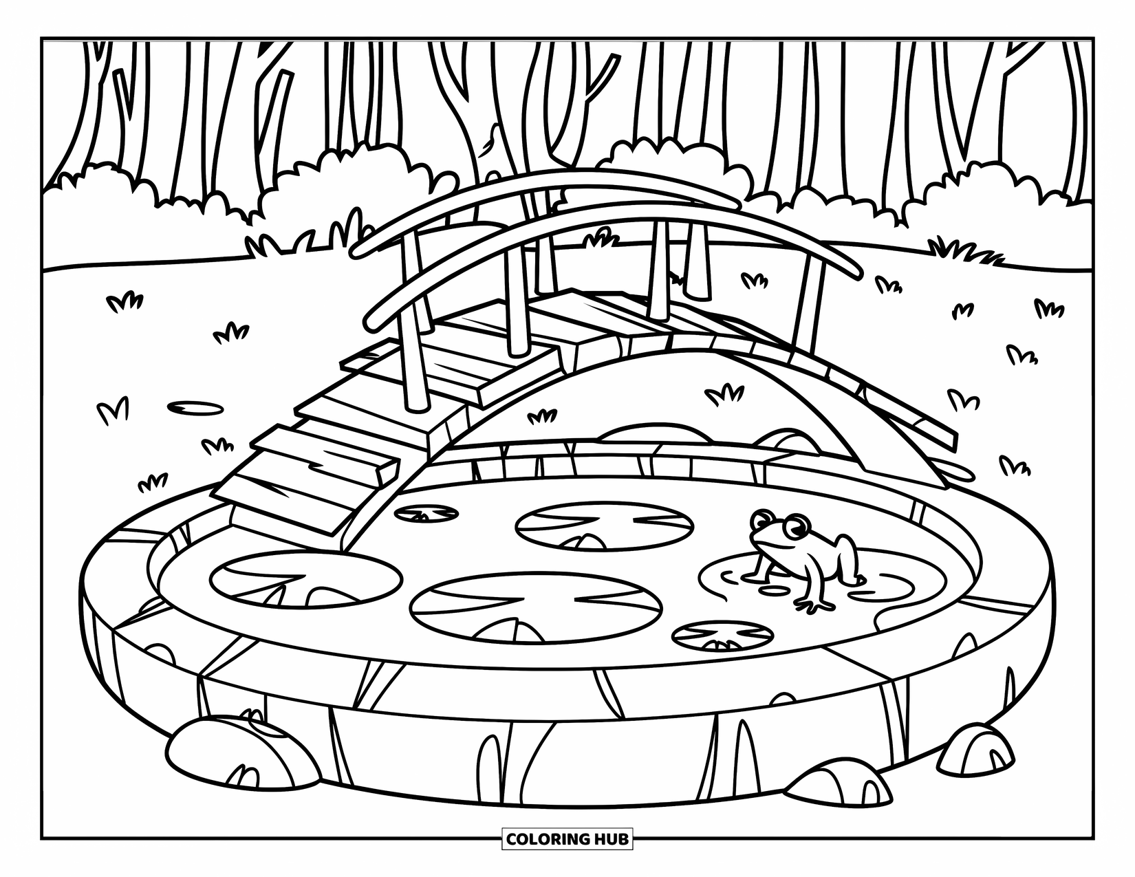 Pond Coloring Page for Kids: A frog and lily pads sit in a forest pond under a slightly broken wooden bridge