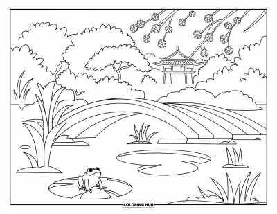 Coloriage d'étang pour enfants : Une grenouille se repose près d'un étang de temple avec un pont courbé et des cerisiers en fleurs
