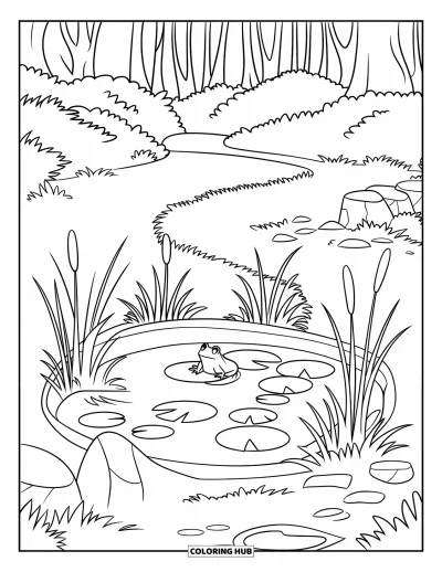 Coloriage d'étang pour enfants : Une grenouille est assise sur un nénuphar dans un étang avec des roseaux et des pierres forestières