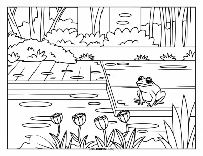 Coloriage d'étang pour enfants : Une grenouille est assise sur une petite terrasse près de fleurs qui poussent au bord d'un étang forestier