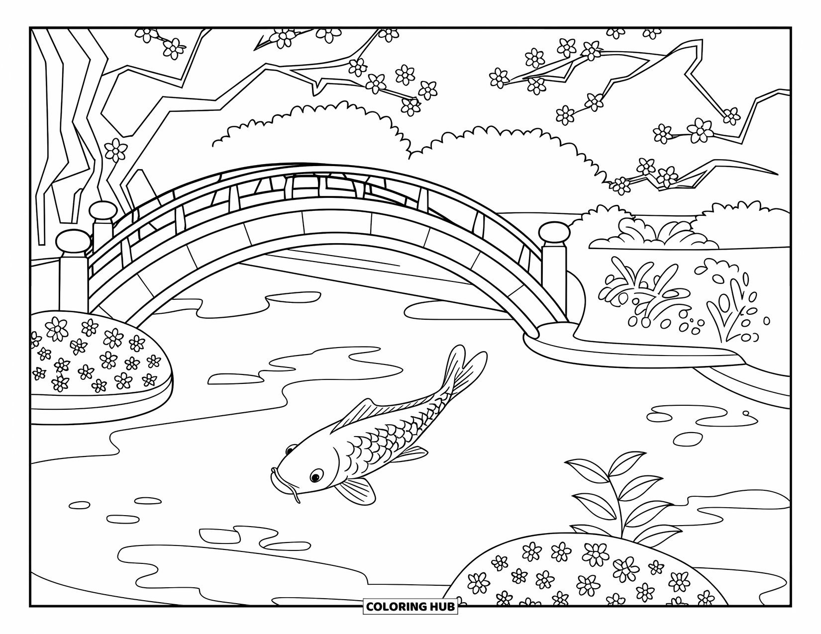 Pond Coloring Page for Kids: A koi swims beneath a curved bridge and cherry blossoms in a calm Japanese-style pond