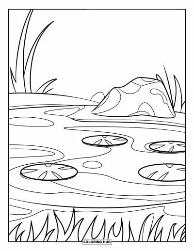 Coloriage d'étang pour enfants : Un nénuphar et un rocher reposent tranquillement dans une scène d'étang joyeuse et facile à colorier