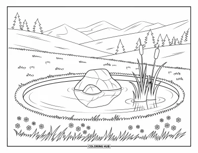Coloriage d'étang pour enfants : Un paysage de montagne entoure un champ de fleurs sauvages et un étang rond avec un grand rocher