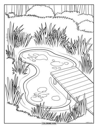 Coloriage d'étang pour enfants : Un étang naturel avec de grandes herbes et des roseaux se trouve à côté d'un ponton en bois et d'arbres