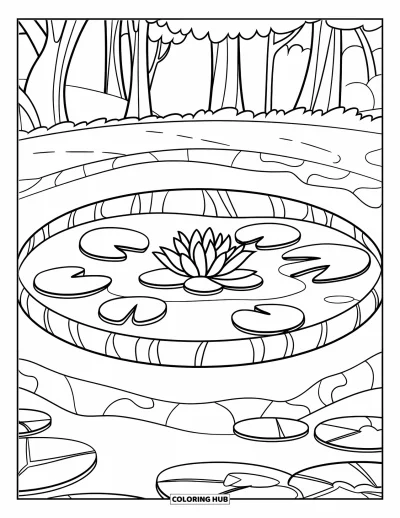 Coloriage d'étang pour enfants : Un sentier fait le tour d'un étang où un seul nénuphar flotte et des arbres se dressent à proximité