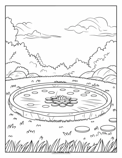 Coloriage d'étang pour enfants : Un étang paisible avec un nénuphar est entouré d'herbe, de rochers et de nuages