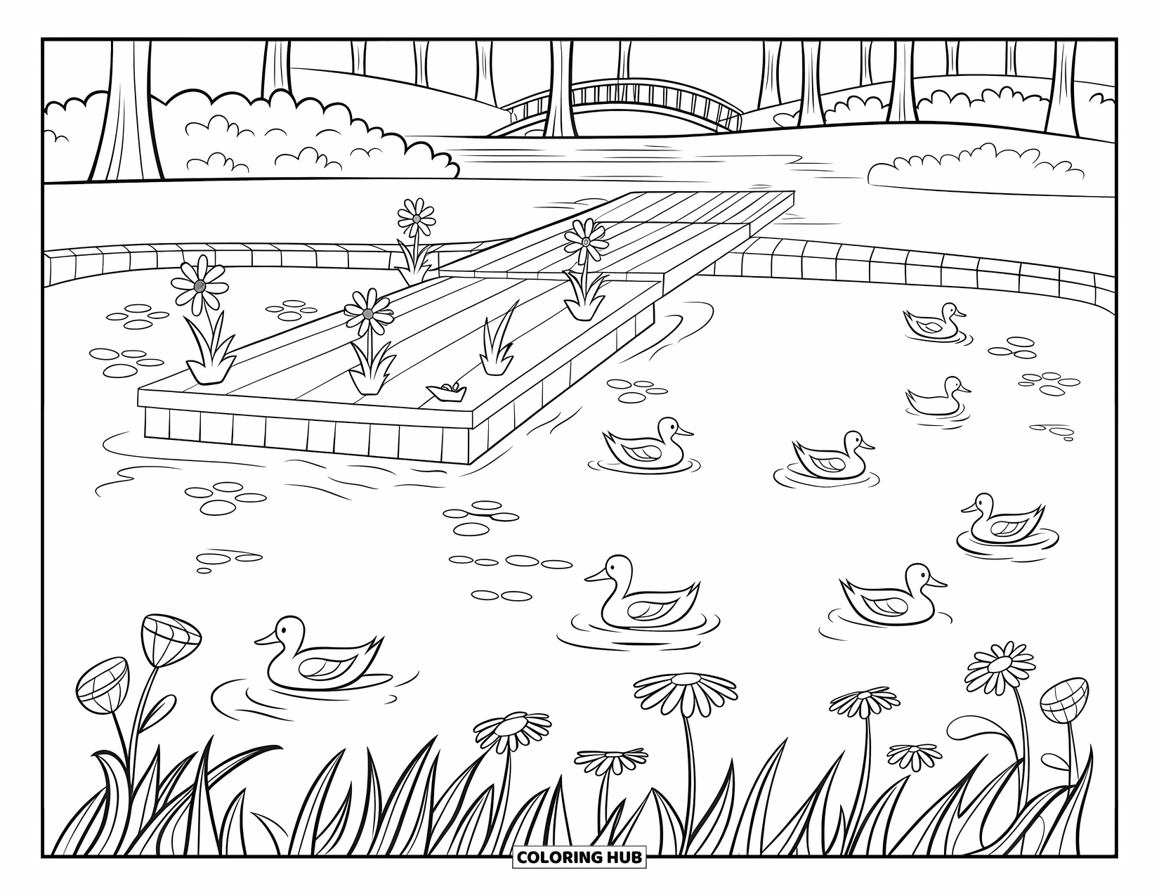 Pond Coloring Page for Kids: A peaceful pond with ducks and flowers rests beside a bridge and tall trees
