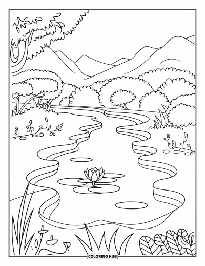 Coloriage d'étang pour enfants : Un étang ondulant et paisible accueille un seul nénuphar dans un paysage forestier avec des montagnes en arrière-plan